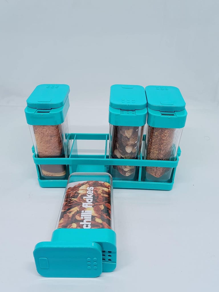 NURAT KITCHENWARE Plastic Revolving Kitchen Style Spice Color Salt Herb Masala Box Rack Stand, Set of 4-Pieces BLUE