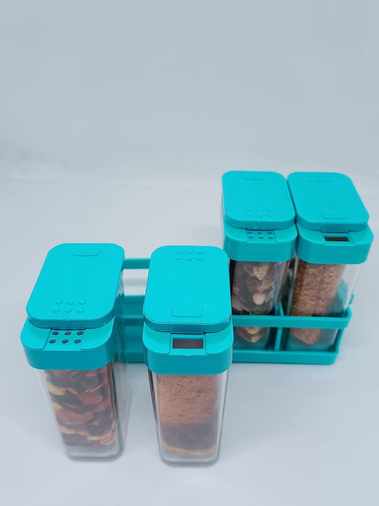 NURAT KITCHENWARE Plastic Revolving Kitchen Style Spice Color Salt Herb Masala Box Rack Stand, Set of 4-Pieces BLUE