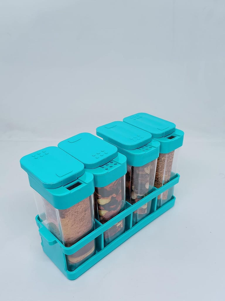 NURAT KITCHENWARE Plastic Revolving Kitchen Style Spice Color Salt Herb Masala Box Rack Stand, Set of 4-Pieces BLUE