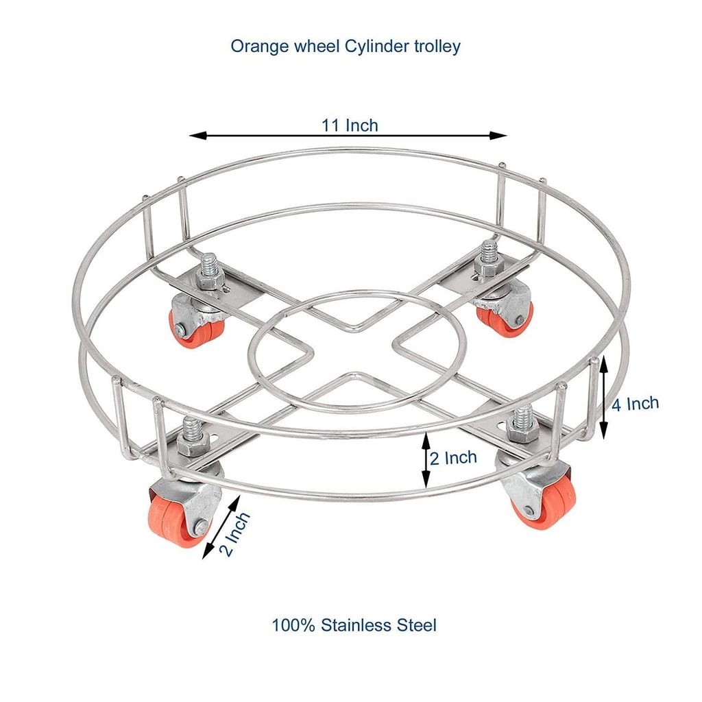 NURAT Stainless Steel Cylinder Trolley with Wheels | Gas Trolly/LPG Cylinder Stand (Medium)