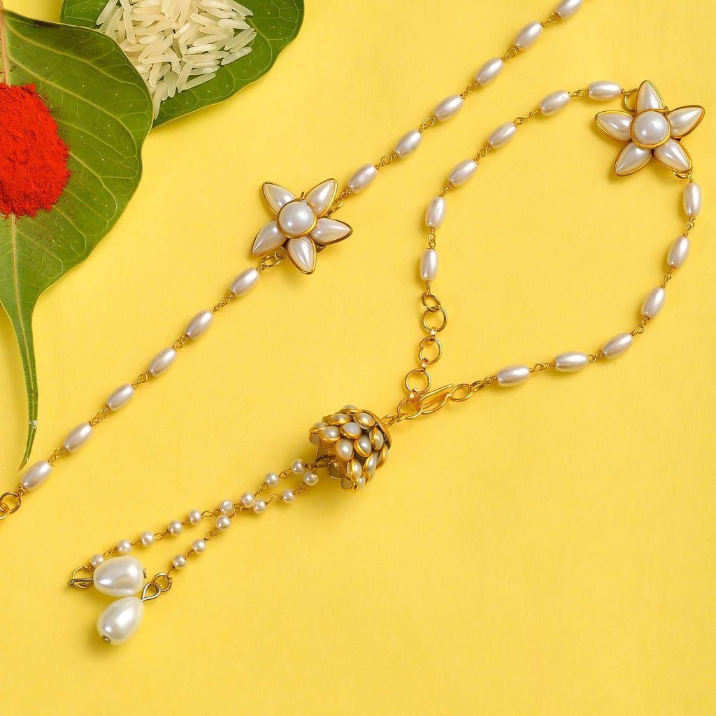 Abhaah Rakhi for Brother and Bhabhi Lumba Floral Rakhi Kundan Bracelet Rakhi for Bhaiya Bhabhi Raksha bandhan Couple Pearl mangalsutra Rakhi Set of 2