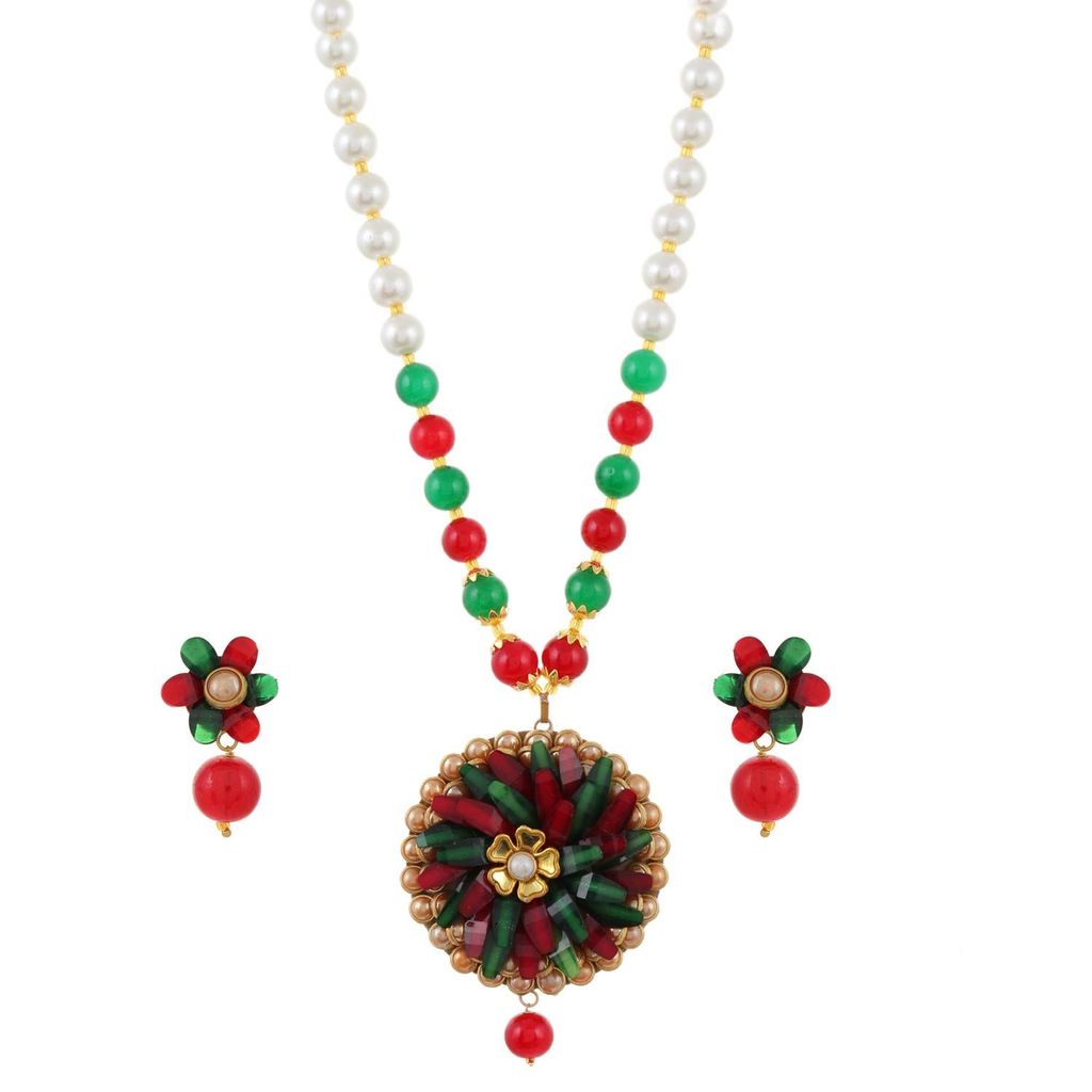 Abhaah kundan Jewelry Rajasthani pachi Flower pendent Necklace and Stud Earrings Green Onyx Beads Stone Jewellery Set for Women