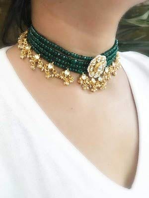 Abhaah Gold Plated Kundan Pearl Fancy Green Choker Necklace Set Traditional Jewellery Set with Earrings for Women & Girls