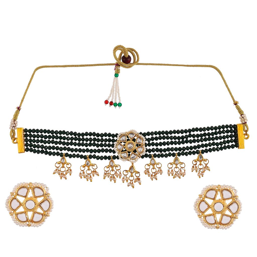 Abhaah Gold Plated Kundan Pearl Fancy Green Choker Necklace Set Traditional Jewellery Set with Earrings for Women & Girls