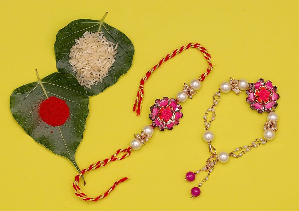 Abhaah Bhaiya bhabhi couple pink Rakhi combo set