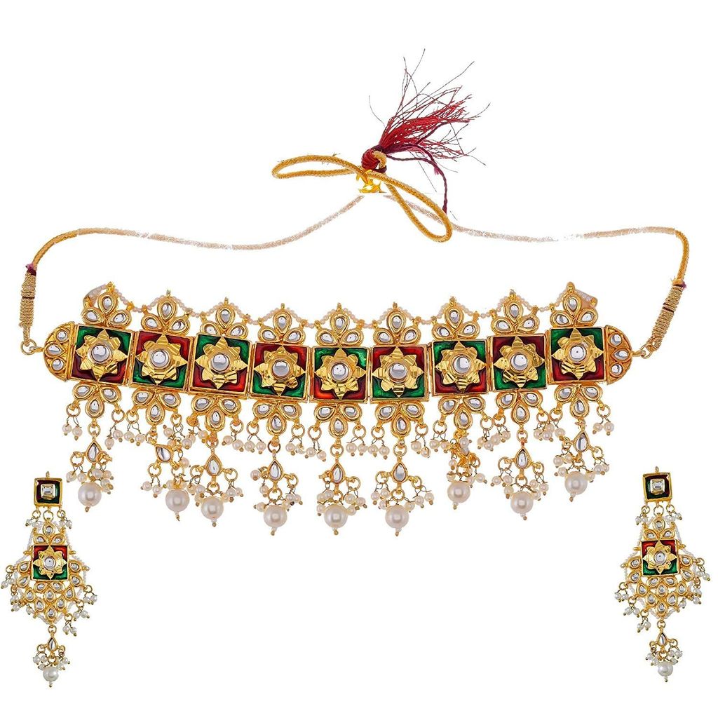 Abhaah Gold Plated Kundan Pearl Fancy Choker Necklace Set Traditional Jewellery Set with Earrings for Women & Girls