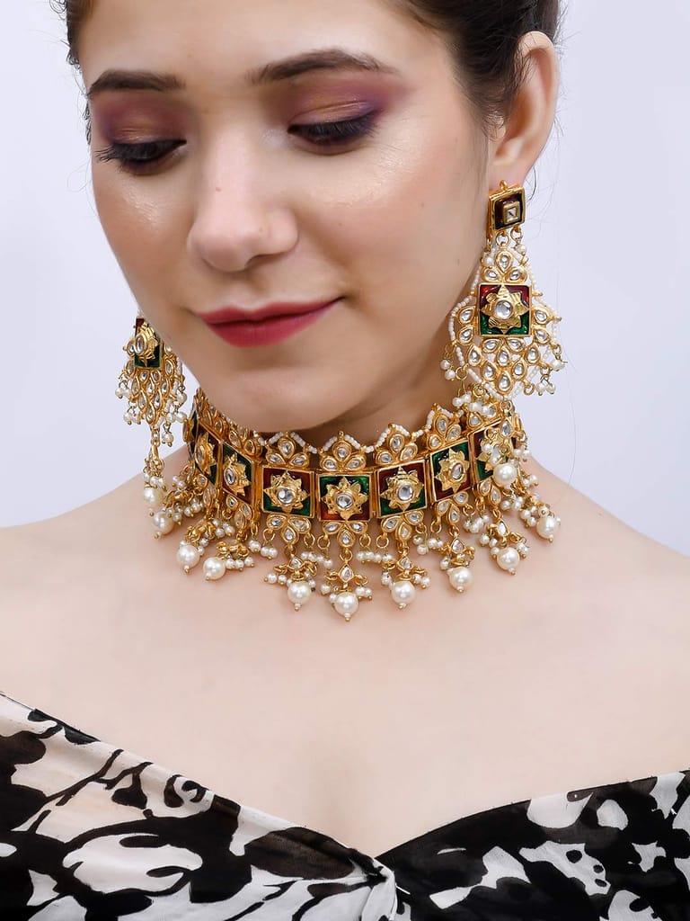 Abhaah Gold Plated Kundan Pearl Fancy Choker Necklace Set Traditional Jewellery Set with Earrings for Women & Girls