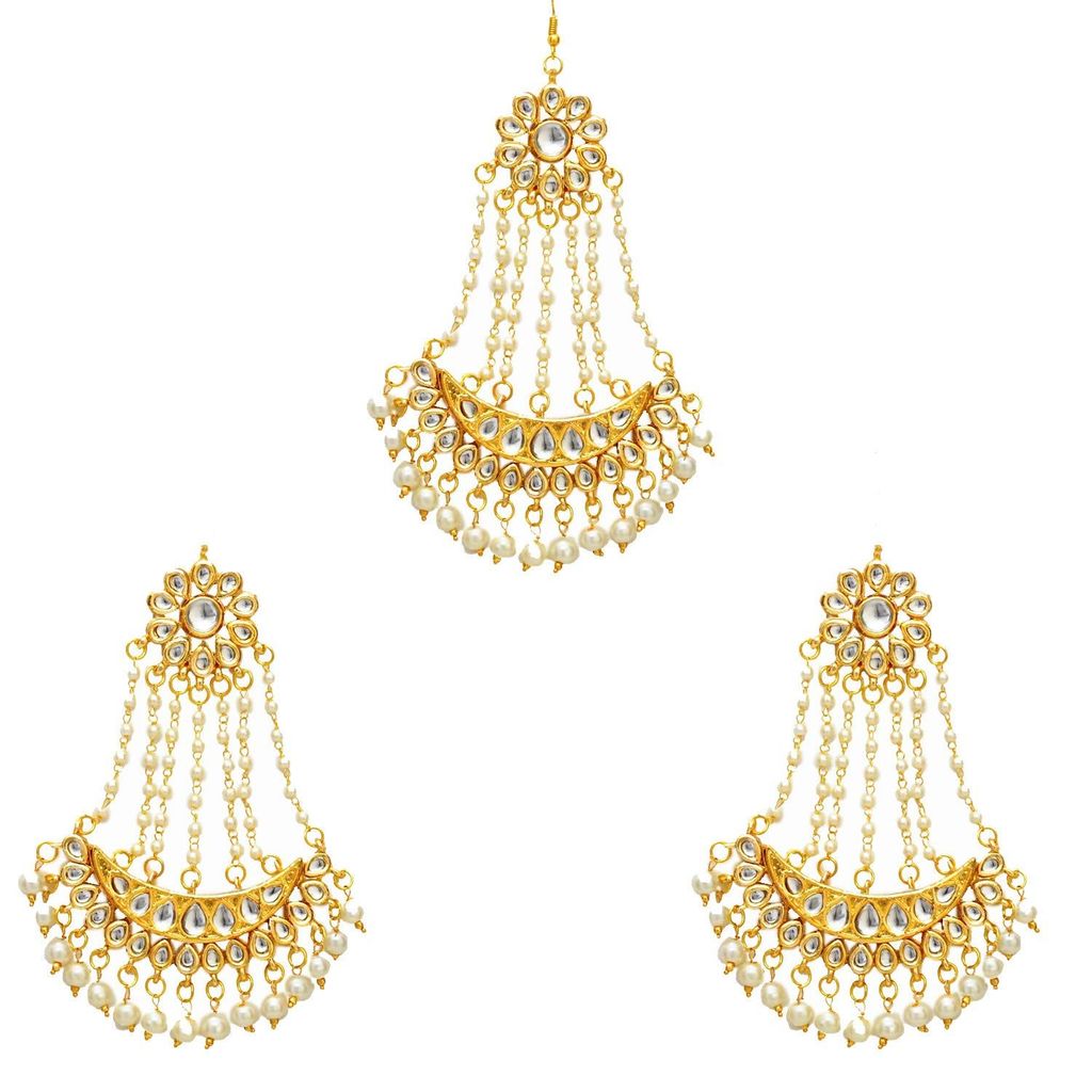 Abhaah Kundan Pearl Gold Platted Long jhumar Wedding Passa maang Tikka and Earrings Set for Women Girls