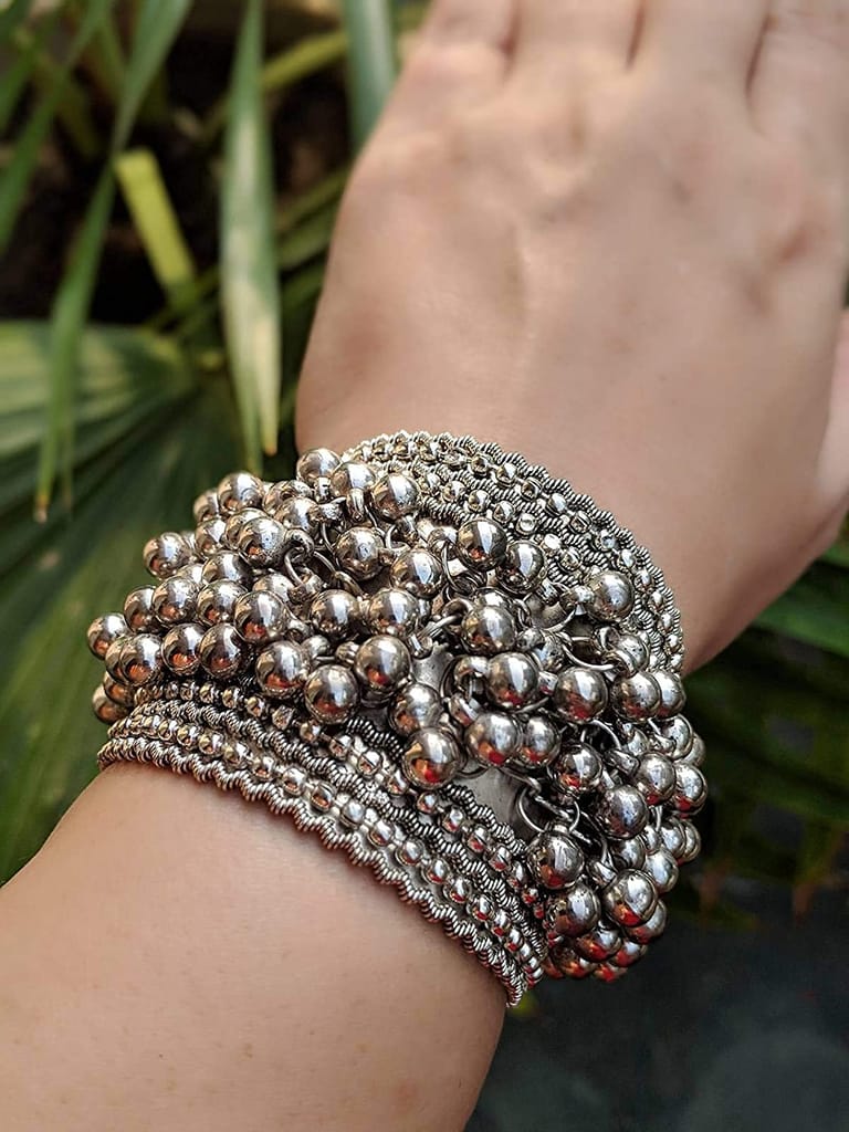 Abhaah Oxidised German Silver Ghungroo Cuff Bracelet with Tassel Traditional Jewelry Kada, Banjara, Boho, Jewelry for Women (Grey)