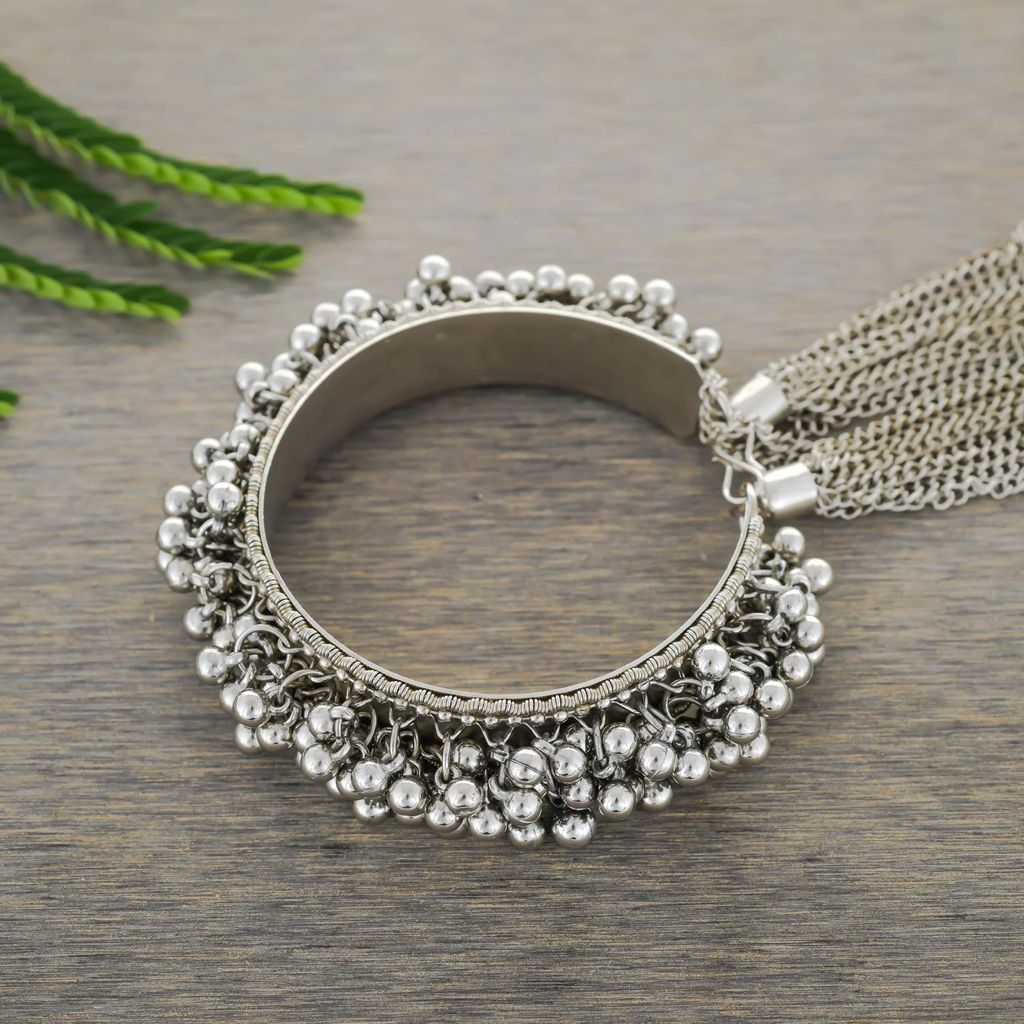 Abhaah Oxidised German Silver Ghungroo Cuff Bracelet with Tassel Traditional Jewelry Kada, Banjara, Boho, Jewelry for Women (Grey)