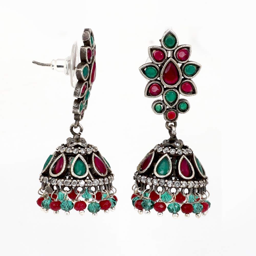 Abhaah antique Ruby Emerald american diamond (AD) German oxidised silver jadau pink and green kundan latest design stud jhumka (jhumki) earrings for woman and girls