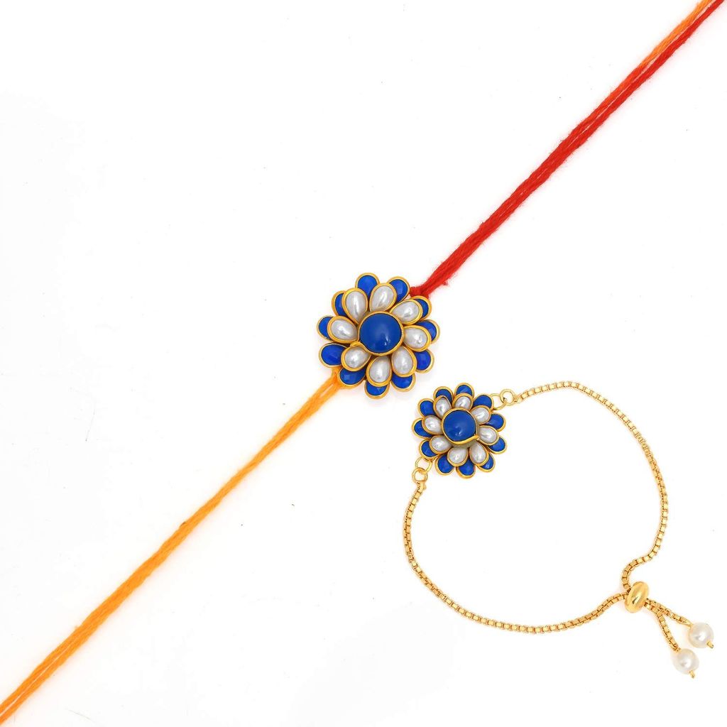 Indi Rang Gold Plated Chain Kundan Meenakari Work Rajasthani Men's and Women's Rakhi Combo Set for Bhaiya Bhabhi