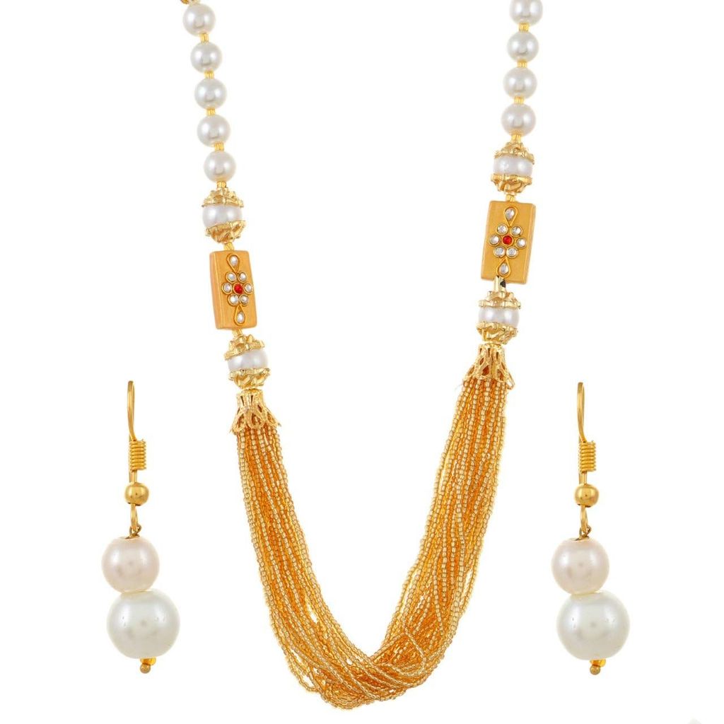 Abhaah kundan Beaded Jewelry pendent Necklace and Stud Earrings Golden Glass Beads Stone Jewellery Set for Women