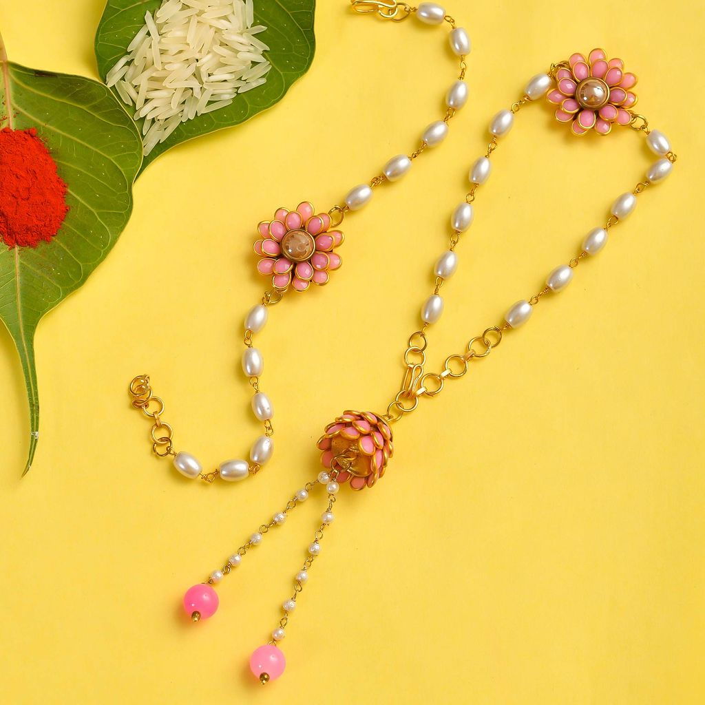 Abhaah Rakhi for Brother and Bhabhi Lumba Floral Rakhi Kundan Bracelet Rakhi for Bhaiya Bhabhi Raksha bandhan Couple Pearl Rakhi Set of 2