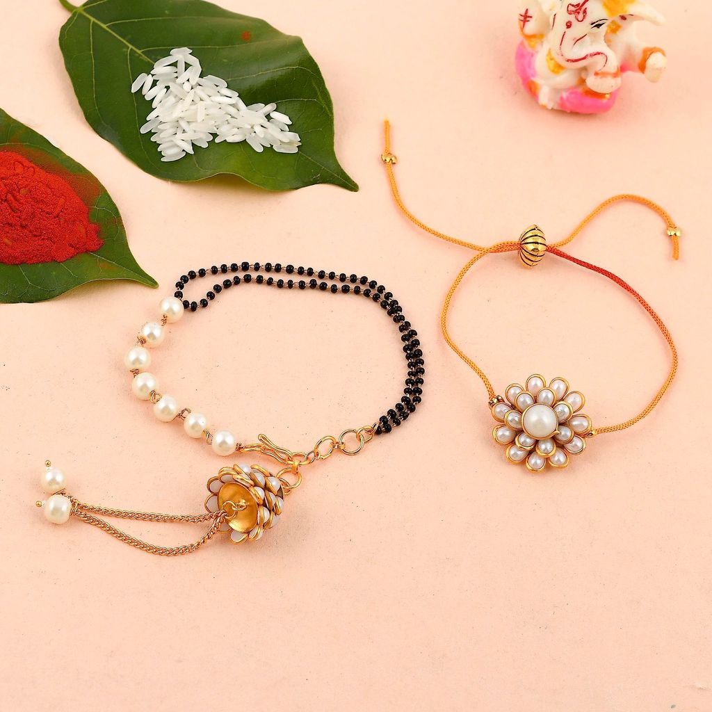 Abhaah Rakhi for Brother and Bhabhi Lumba Floral Rakhi Kundan Bracelet Rakhi for Bhaiya Bhabhi Raksha bandhan Couple Pearl mangalsutra Rakhi Set of 2