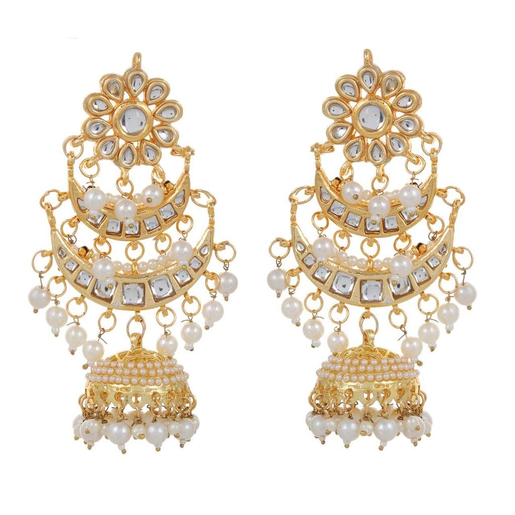 Abhaah Women's Bollywood Inspired Kundan Meenakari Traditional Look Bridal Chandbali Earrings with Jhumkas with Pearls (gold, White)