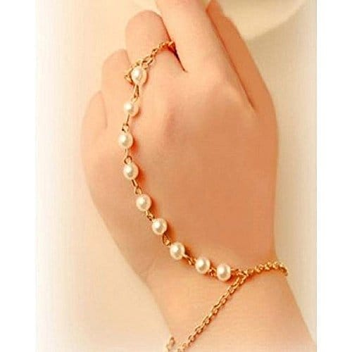 Abhaah kundan Pearl Chain Stylish Bohemian Hand Harness Ring Bracelet Cum Anklet for Women and Girls
