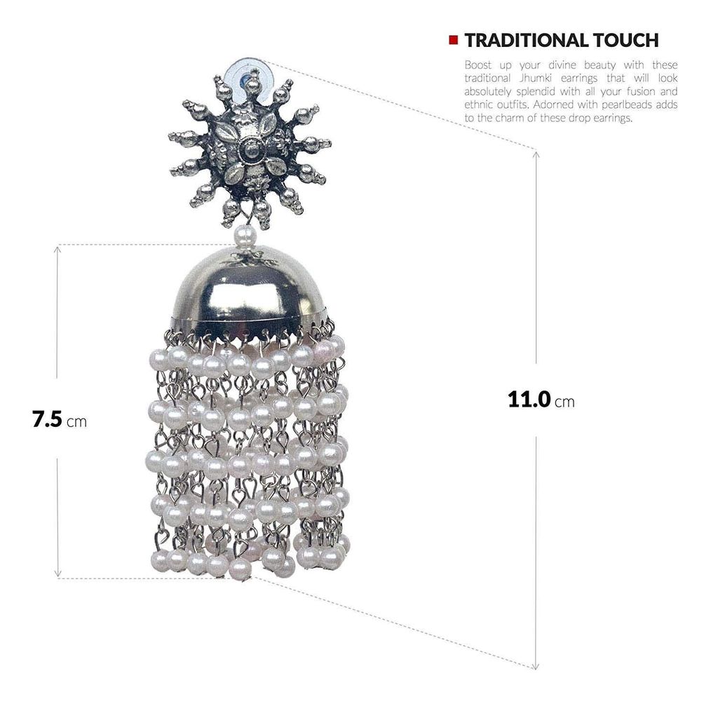 KRELIN Oxidised Silver Traditional Earring With White Pearl Afghani Long Tassel Sun Shape Bigger Jhumka Jhumki for Women & Girls