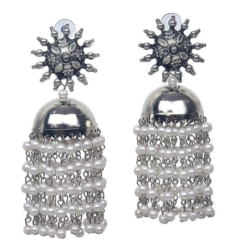 KRELIN Oxidised Silver Traditional Earring With White Pearl Afghani Long Tassel Sun Shape Bigger Jhumka Jhumki for Women & Girls