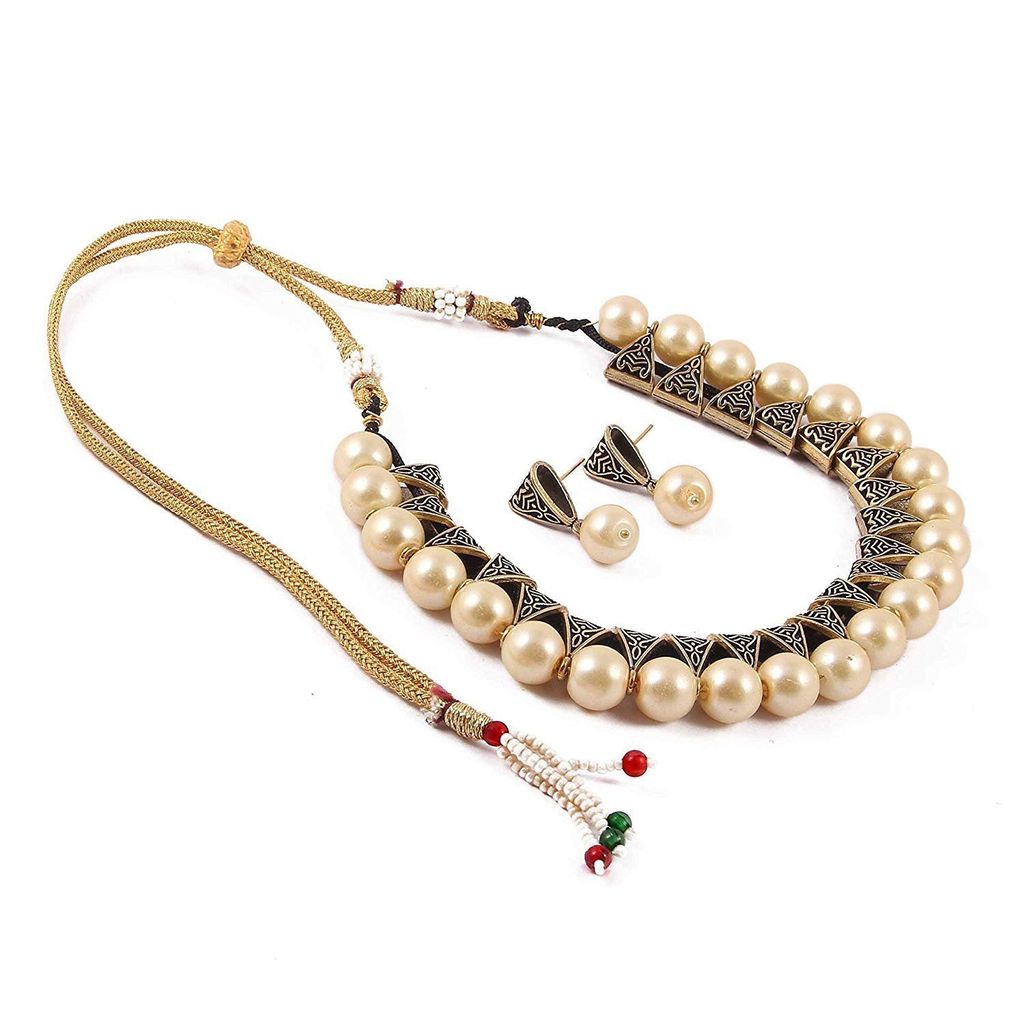 Simaya Fashionista Jewellery Golden Creamish Colour Beads Fashionable Necklace Set for Girls/Womens (SF936)