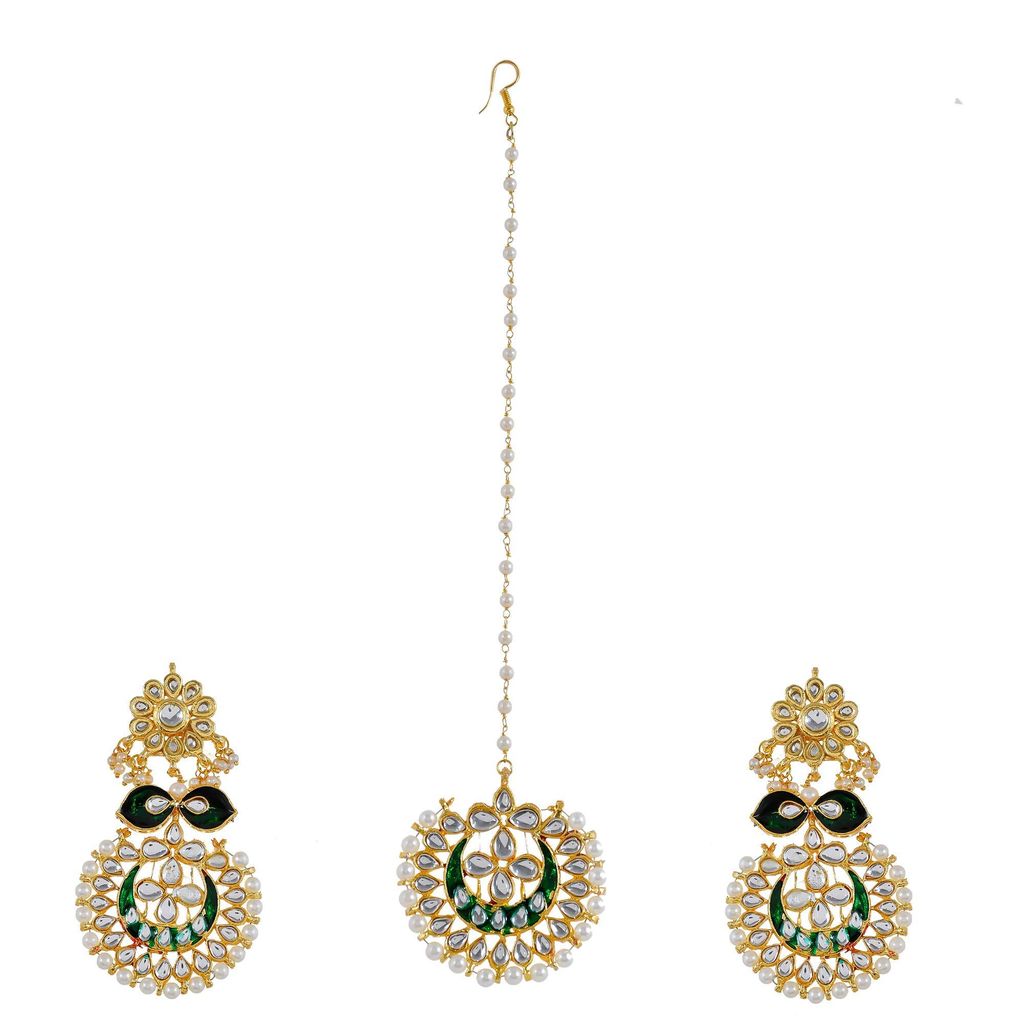 Abhaah Gold Plated kundan meenakari Bridal Traditional chandbali Stylish Pearl maang Tikka and Earring Set for Wedding for Women