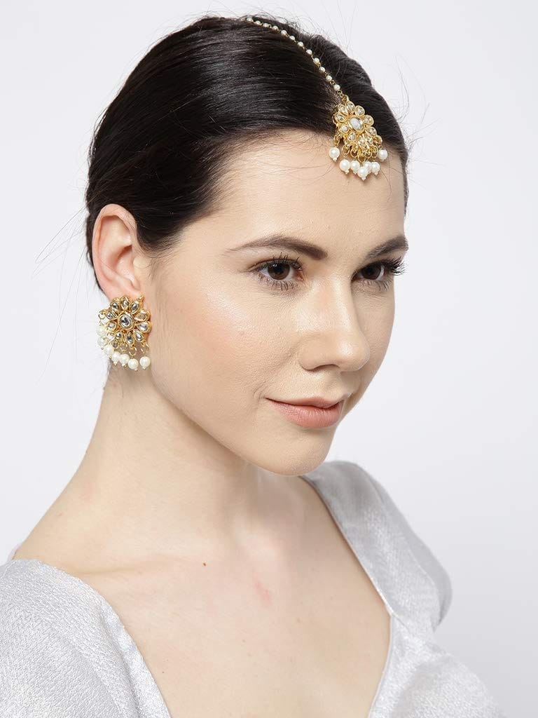 Abhaah Flower Gold Plated kundan meenakari Bridal Traditional Stylish Pearl maang Tikka and Earring Set for Wedding for Women