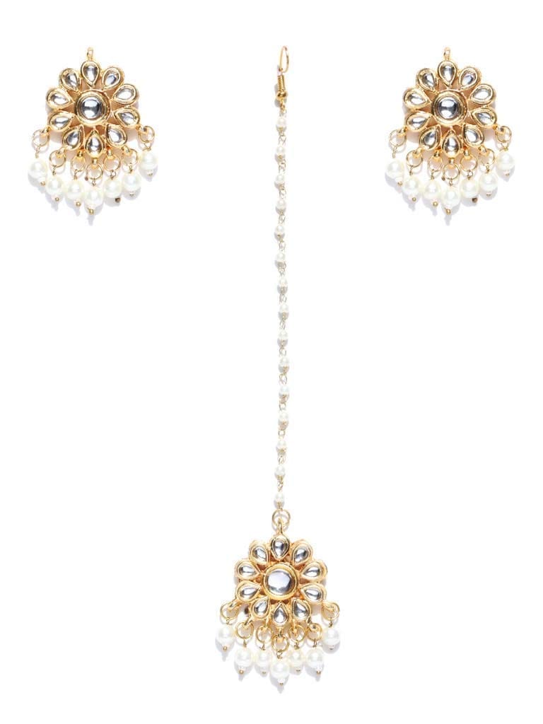 Abhaah Flower Gold Plated kundan meenakari Bridal Traditional Stylish Pearl maang Tikka and Earring Set for Wedding for Women
