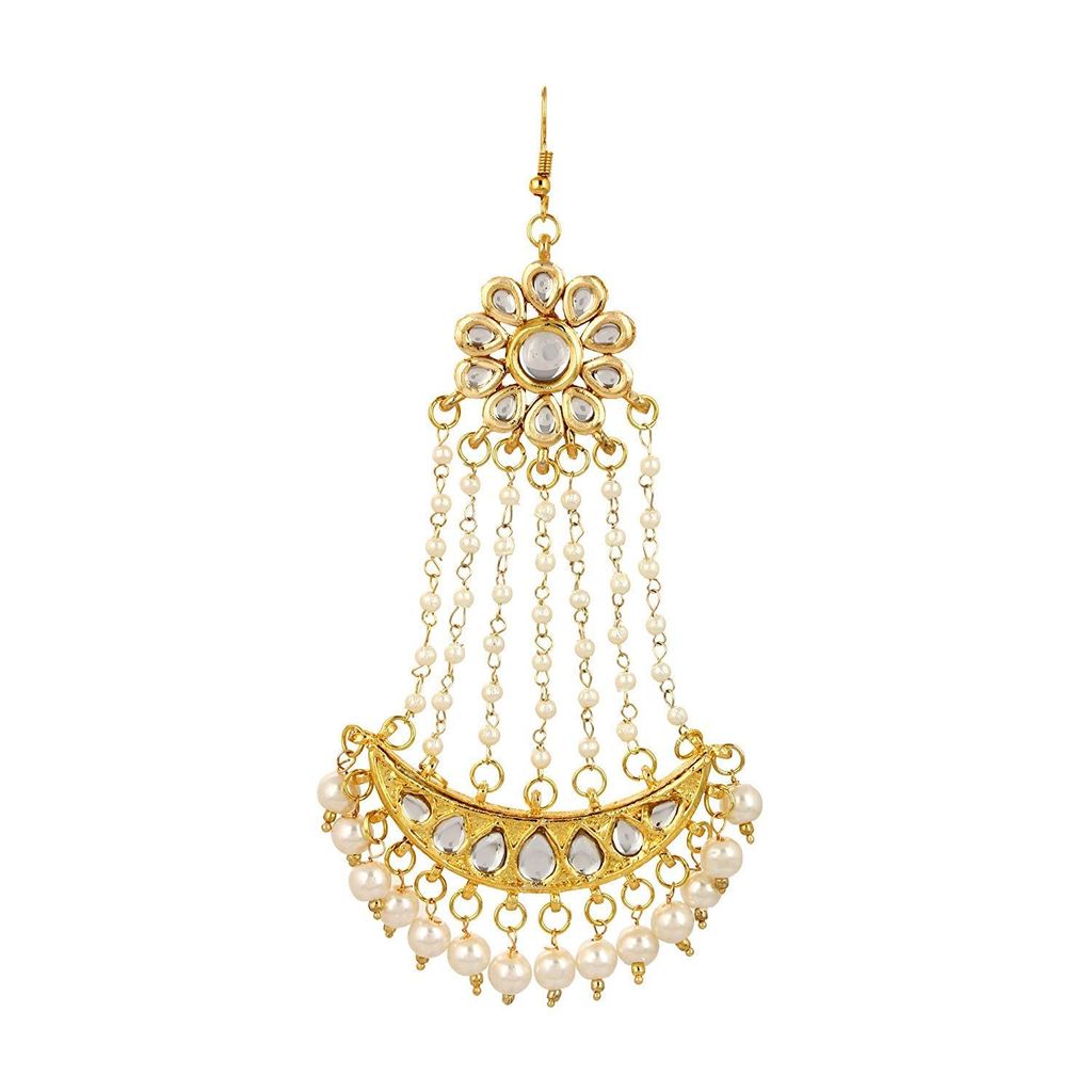 Abhaah Gold Plated kundan meenakari Bridal Traditional chandbali Stylish Pearl jhoomar passa maang Tikka and Earring Set for Wedding for Women