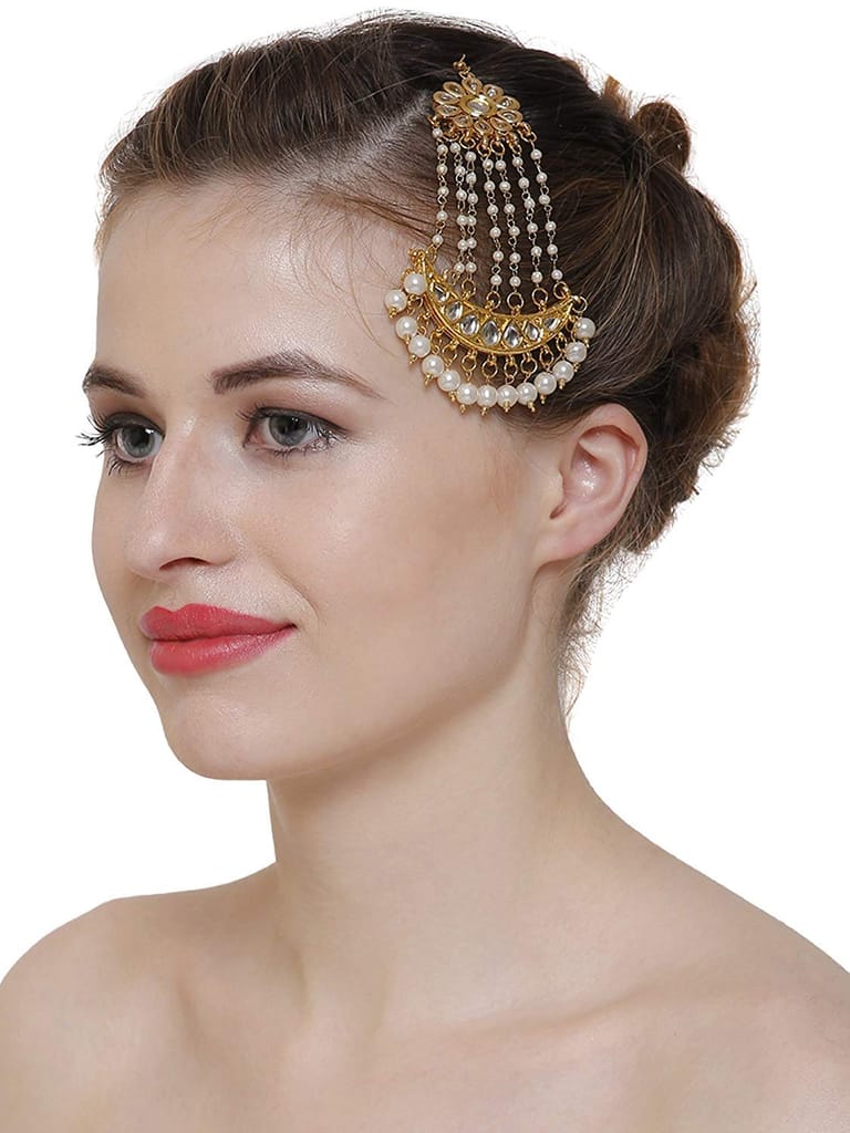 Abhaah Gold Plated kundan meenakari Bridal Traditional chandbali Stylish Pearl jhoomar passa maang Tikka and Earring Set for Wedding for Women