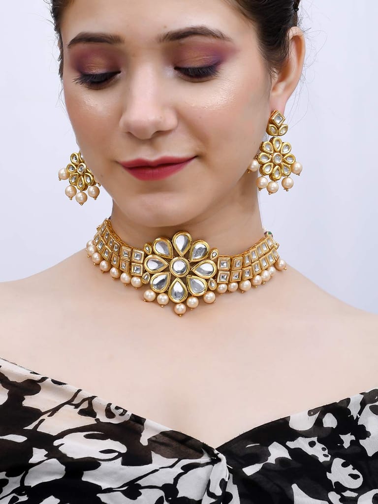 Abhaah Gold Plated Kundan Pearl Fancy Choker Necklace Set Traditional Jewellery Set with Earrings for Women & Girls
