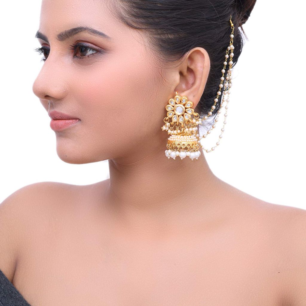 Abhaah Indie Rang Brass and Pearl Bahubali Earrings With Chain for Women & Girls, White