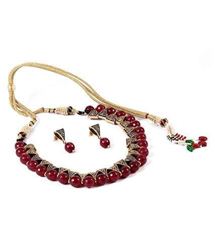 Abhaah oxidised Antique Gold Tribal White and red Pearls Combo Jewellery Set Bohemian Stylish Statement Choker Necklace for Women and Girls
