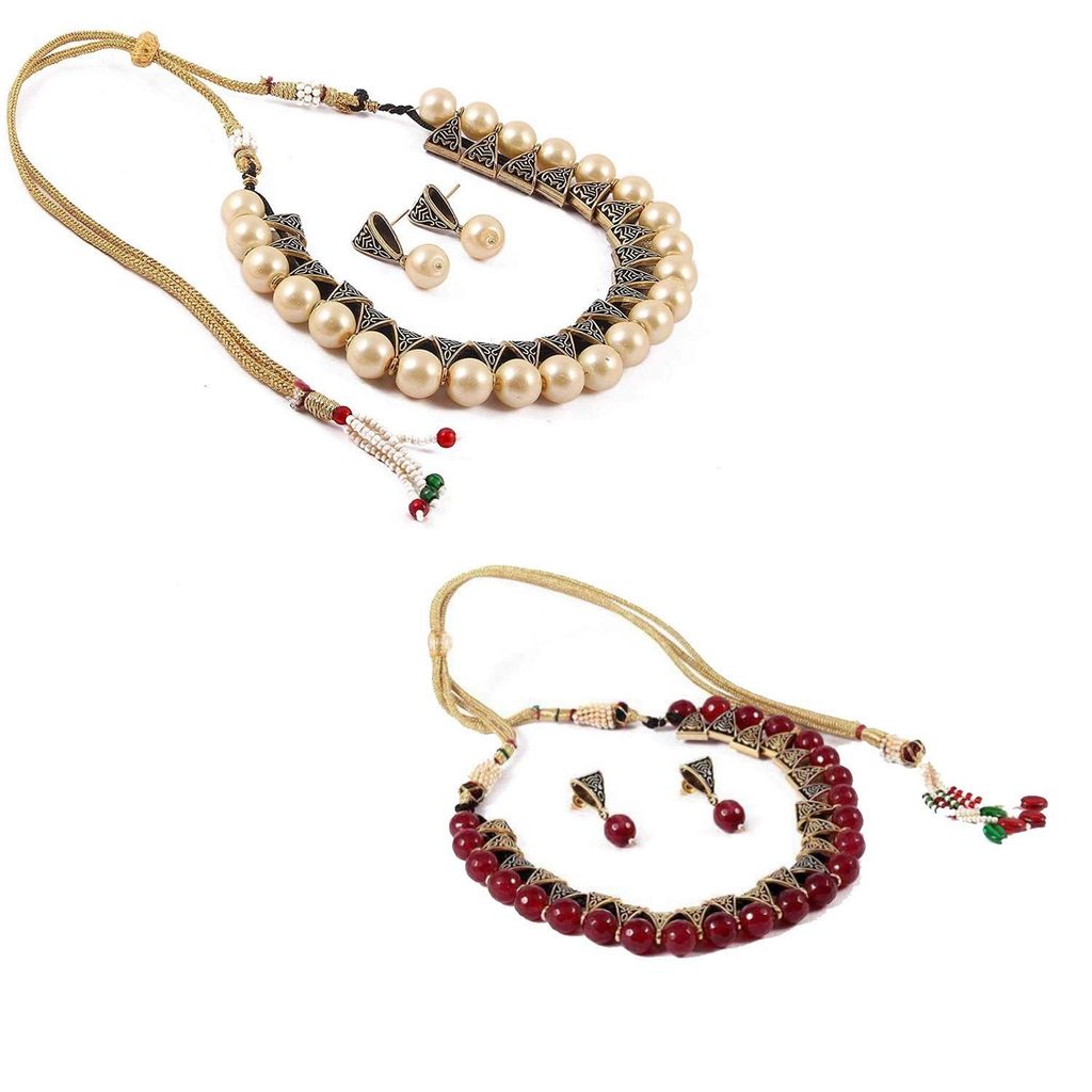 Abhaah oxidised Antique Gold Tribal White and red Pearls Combo Jewellery Set Bohemian Stylish Statement Choker Necklace for Women and Girls