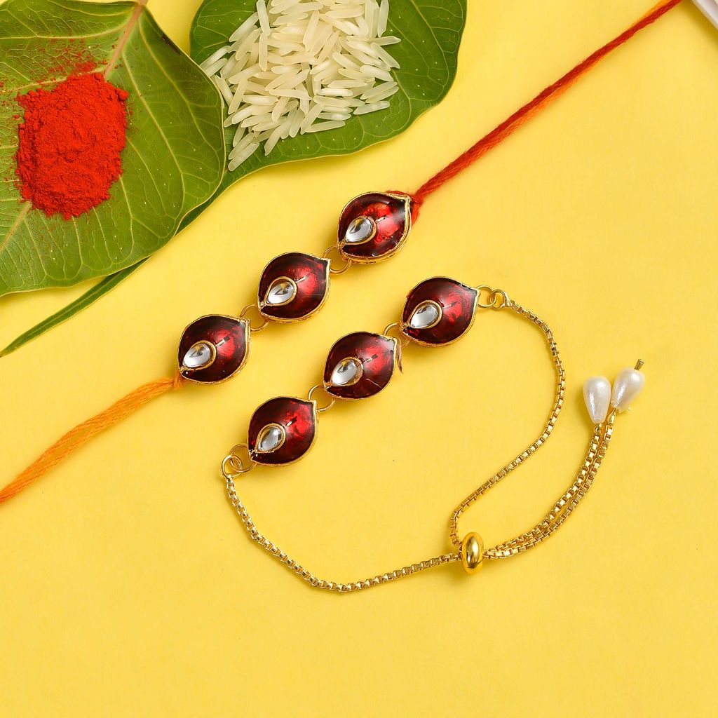 Indi Rang Rajasthani Gold Plated Chain Pachi Work Rakhi Combo Set for Men and Women