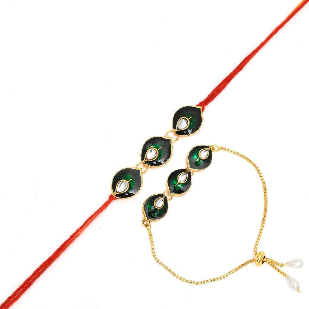 Indi Rang Women's Gold Plated Copper and Resin Pearl Rajasthani Chain Pachi Work Lumba Rakhi Combo Set for Bhaiya Bhabhi Brother Sister Rakhi (Yellow, Pink)