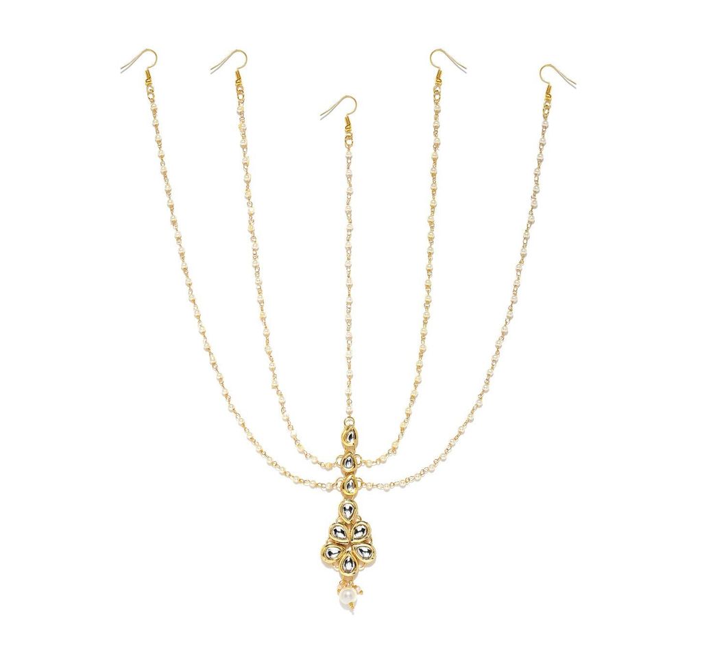 Abhaah Gold Plated Pearl Chain Layer Kundan Stones Head Chain/Hair Jewellery Traditional Bridal Wedding/Maang Tikka for Women