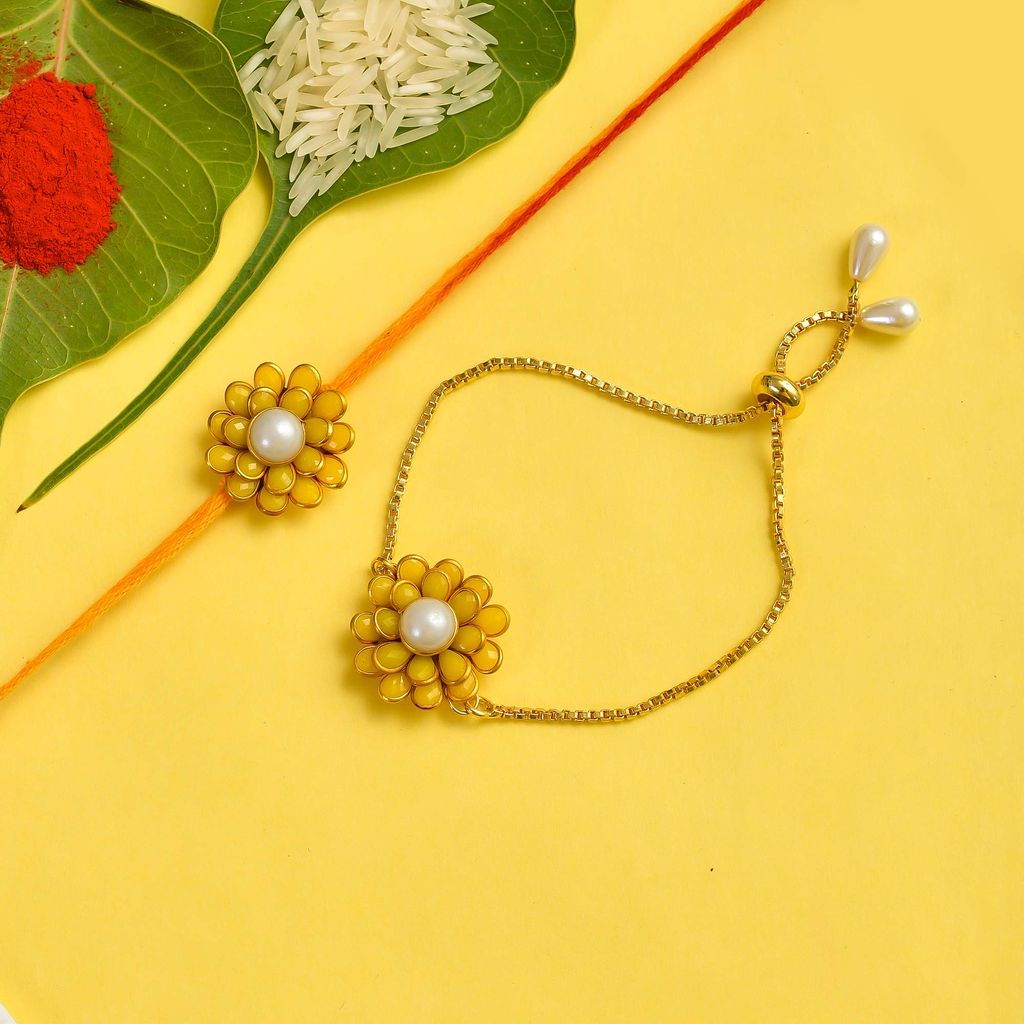 Indi Rang Yellow Rajasthani Gold Plated Resin Chain Pachi Work Lumba Rakhi Combo Set for Bhaiya Bhabhi