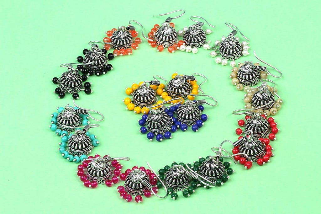 OranGey Fashion Multicolor Pure Brass Silver-Plated Combo Of 10 Jhumki Earrings For Women