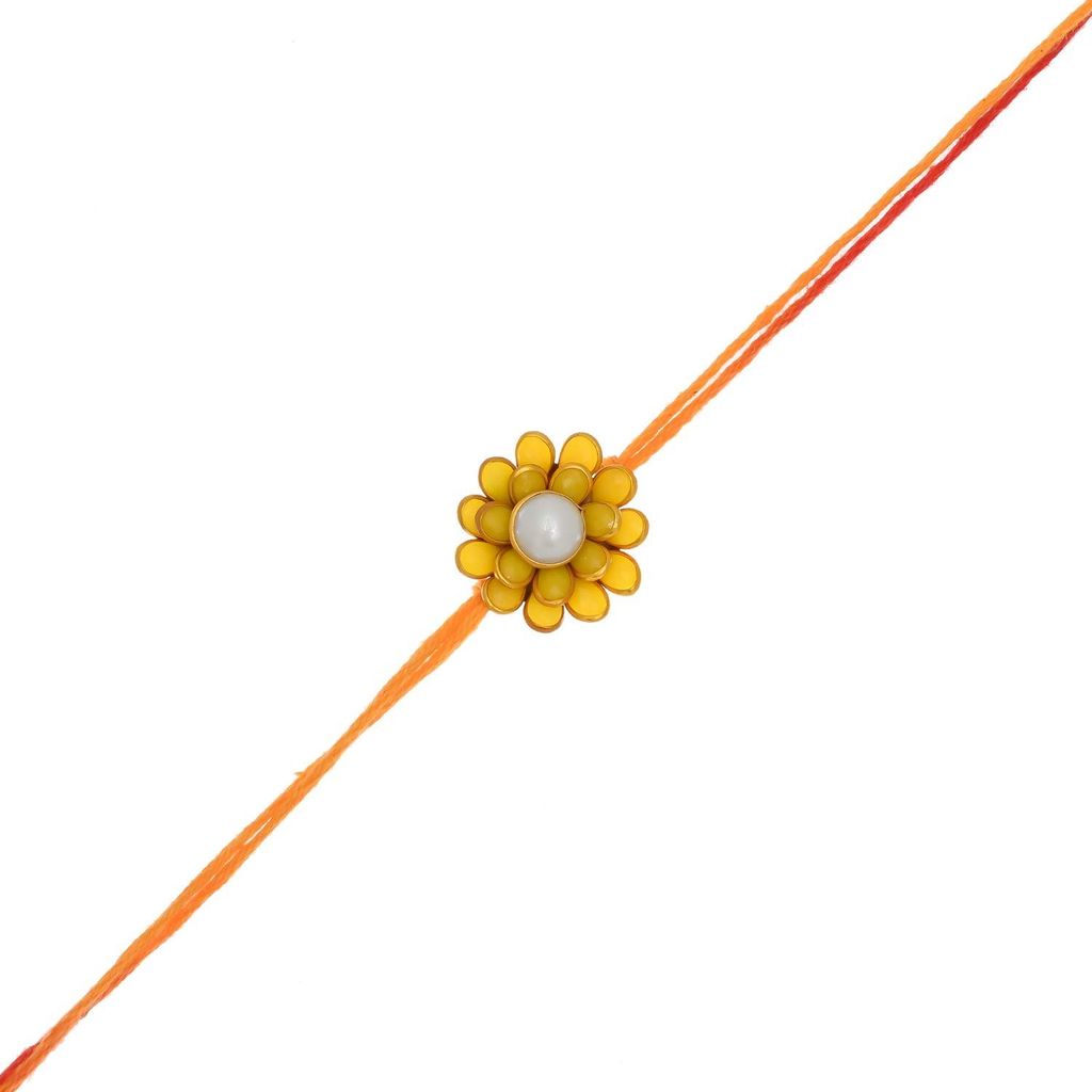 Indi Rang Yellow Rajasthani Gold Plated Resin Chain Pachi Work Lumba Rakhi Combo Set for Bhaiya Bhabhi