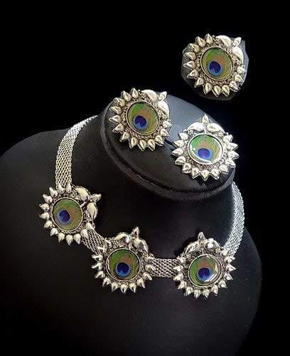 Abhaah Brass Oxidized Silver Choker Necklace & Anklet for Women (Black, Grey)