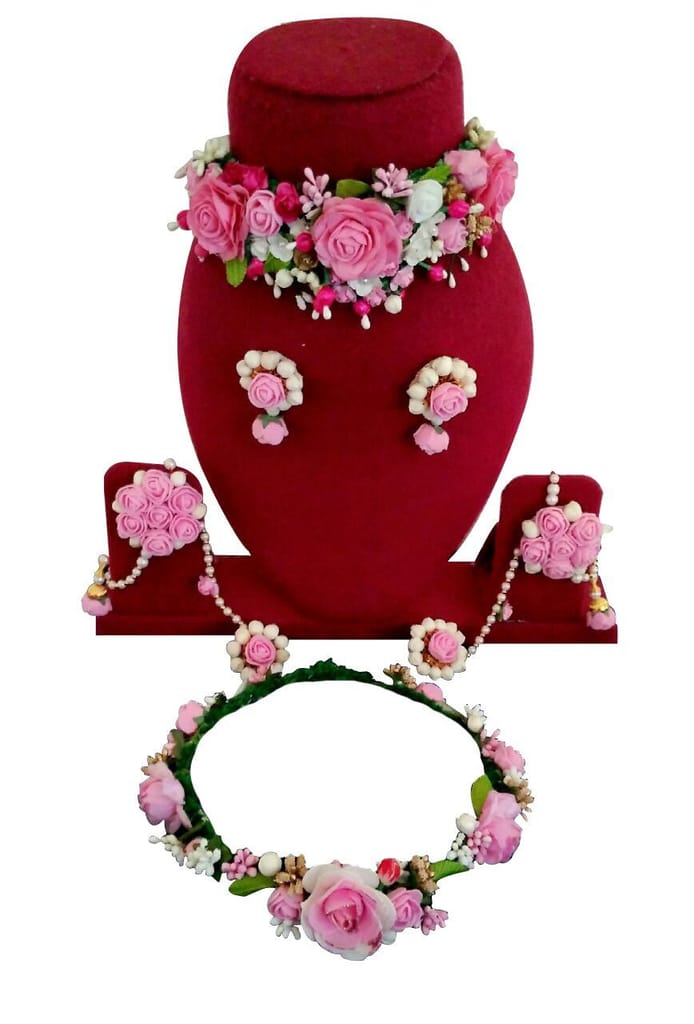 spectrumjaipur Pink Fom Flower Necklace, Earrings, Hathfull and Tiara for Women
