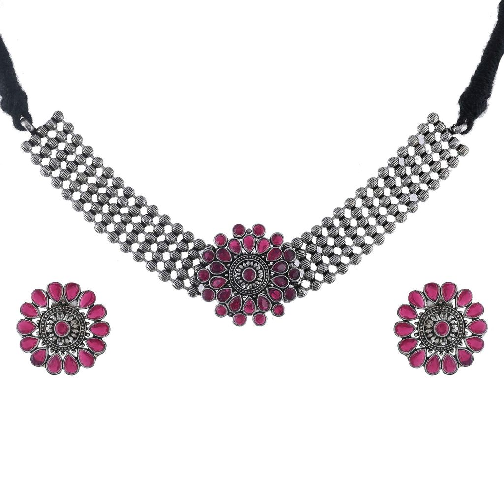 Abhaah oxidized silver brass pink kundan choker necklace set with earrings for women