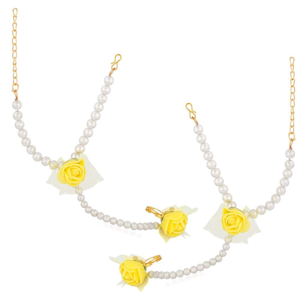 APARA Yellow Floral Gota Patti Mehandi/Haldi Necklace, Earrings, Bracelet & Maang Tika For Women & Girls
