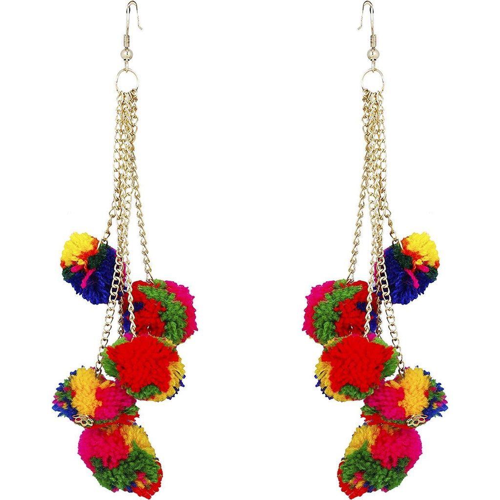 Abhaah multicolored long chain tassel pom pom earrings for women and girls