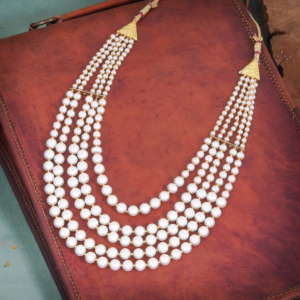 Abhaah five layers white pearl beads Dulha groom sherwani Necklace/Moti Mala for Men for wedding