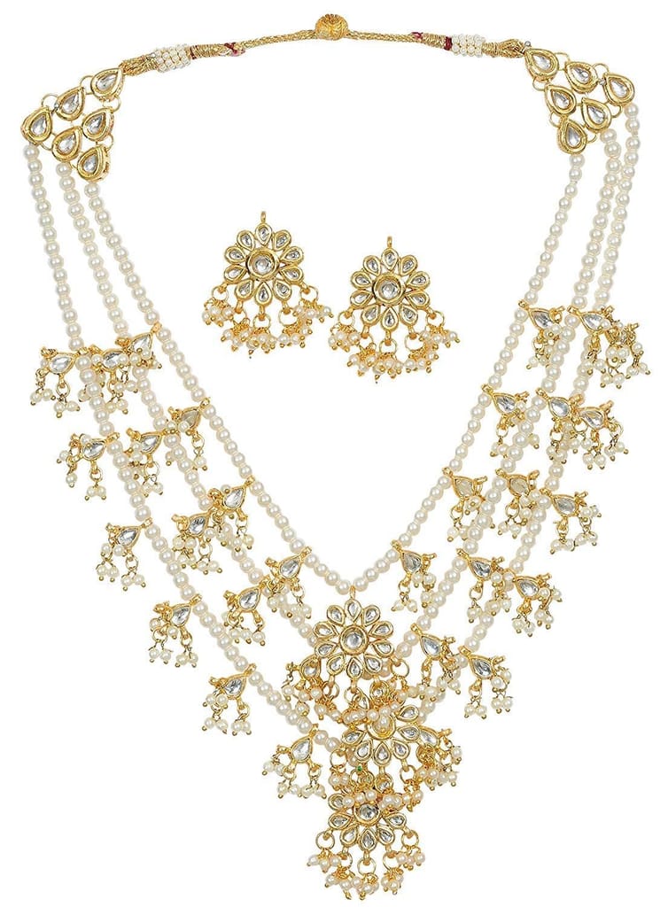Abhaah rajwada nizami Bollywood Style kundan meenakari jadau Bridal Teen Lada (Three Layers) Multi Strands Rani haar Necklace Jewelry Set with Earrings