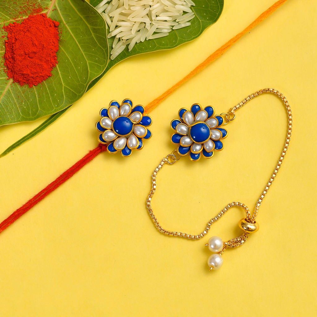 Indi Rang Gold Plated Chain Kundan Meenakari Work Rajasthani Men's and Women's Rakhi Combo Set for Bhaiya Bhabhi