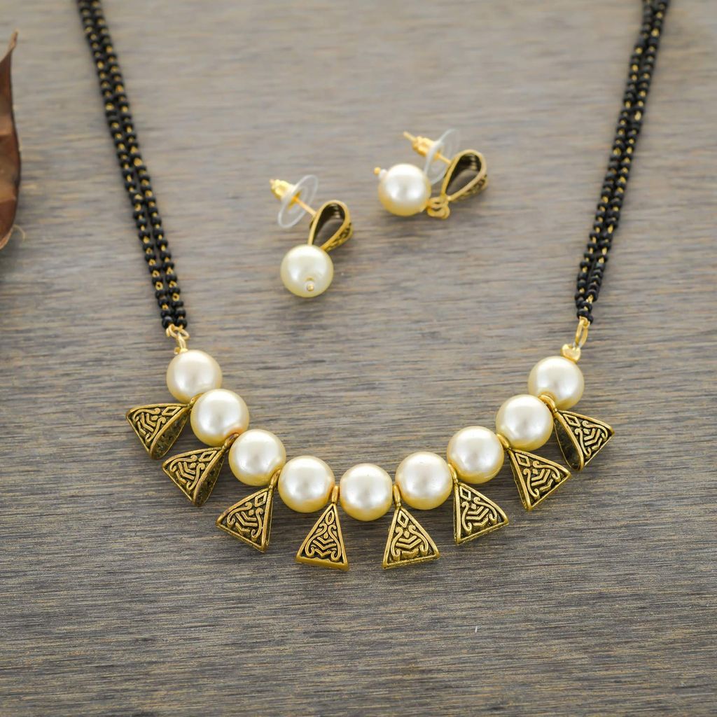 Abhaah long latest design oxidised antique gold pearlreversible mangalsutra with earrings jewellery set for woman