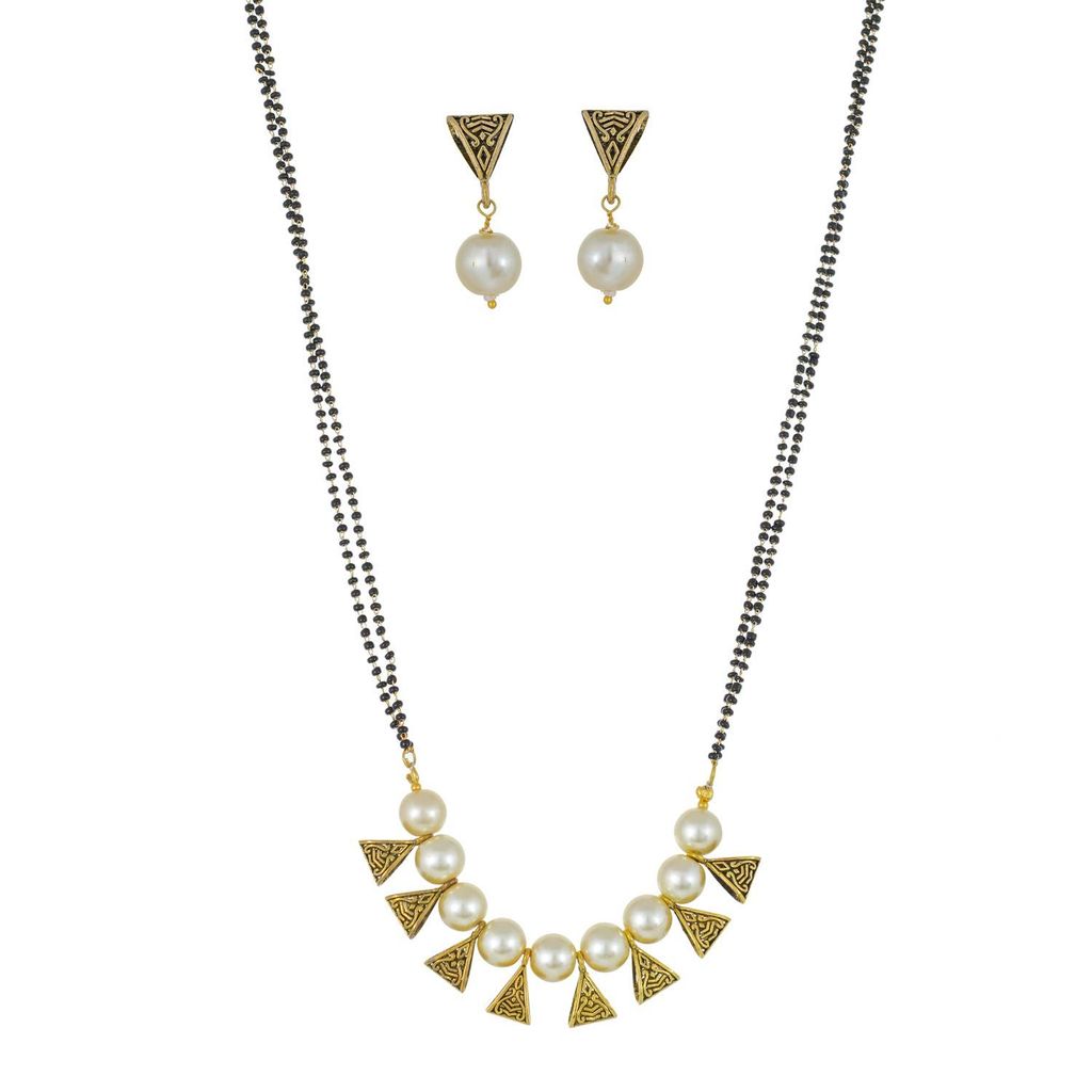 Abhaah long latest design oxidised antique gold pearlreversible mangalsutra with earrings jewellery set for woman