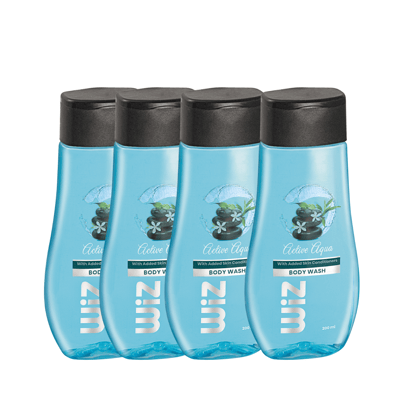 Wiz Active Aqua Classic Body Wash Flip Top Bottle - 200ml Pack of 4, Shower Gel with Pleasing Aroma, Added Skin Conditioners for Smooth Skin